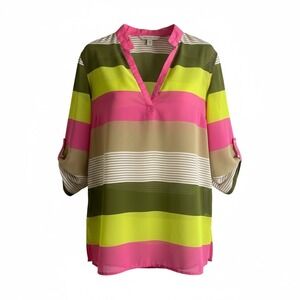 NWT Striped Green Yellow Pink Tunic Top Roll Tab Sleeve V‎ Neck Women's L/XL